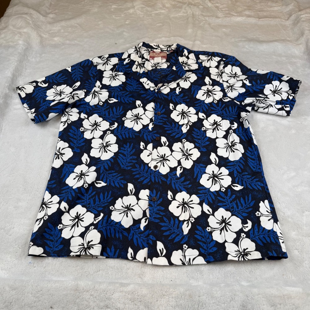 RJC Hawaiian Shirt Mens XL Blue White Hibiscus‎ Floral Cotton Aloha Made in USA